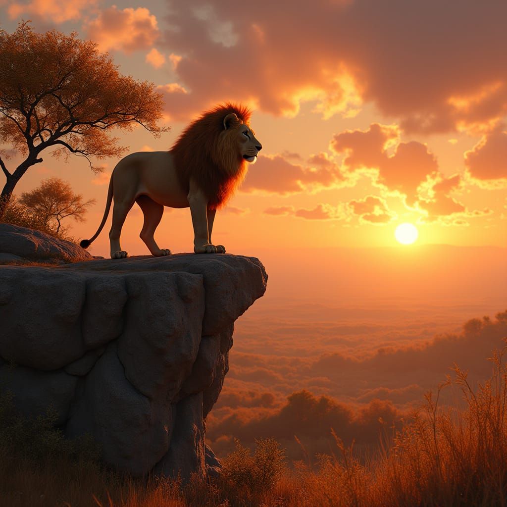 Regal Lion Majestically Rules Autumn Savanna in Vibrant, Det...