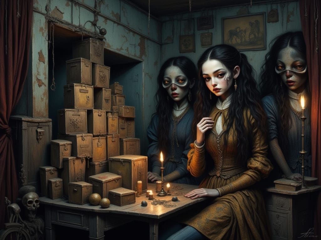 People Staring at Boxes in Dark Room Concept Art