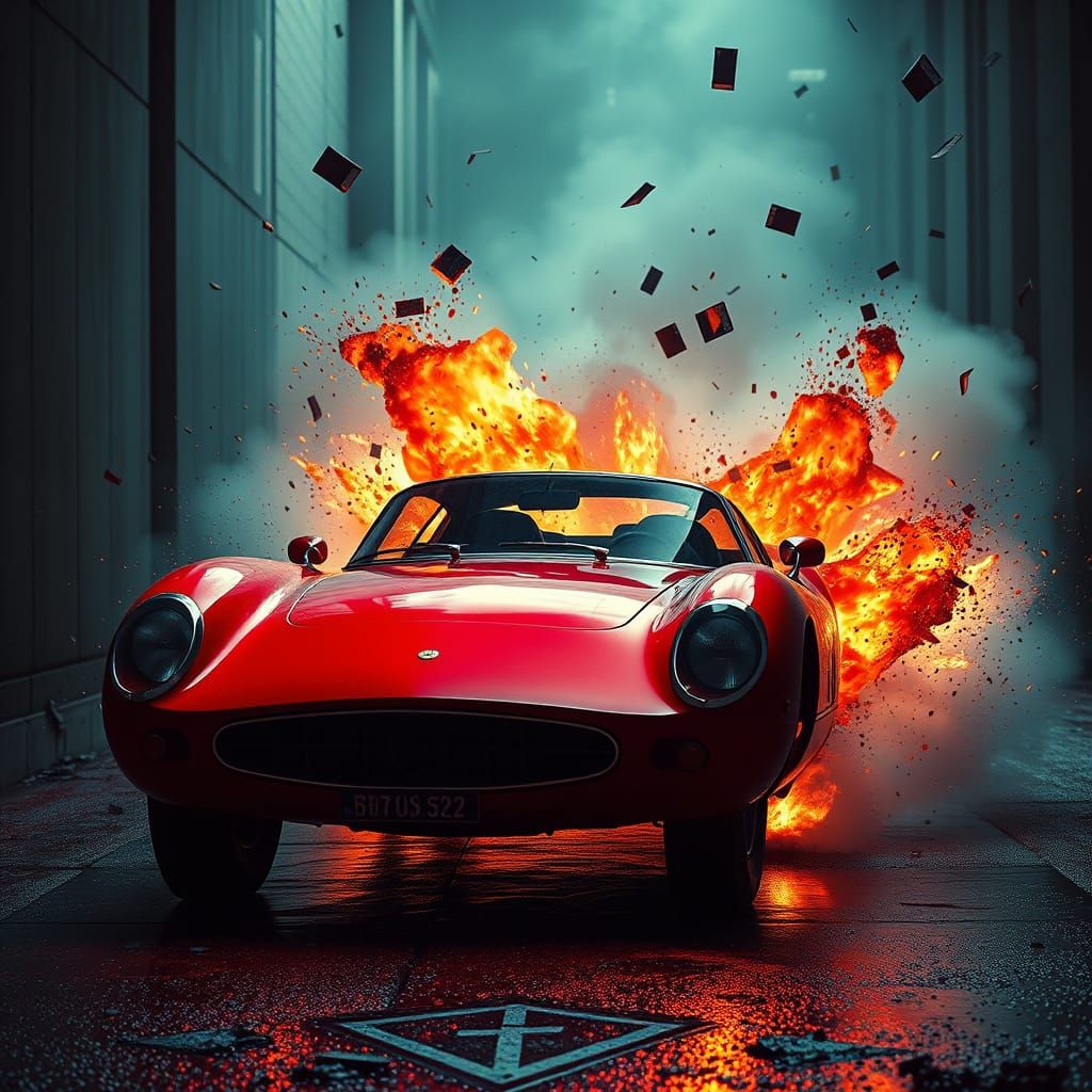 Red Sports Car Exploding in a Dark and Rainy Street