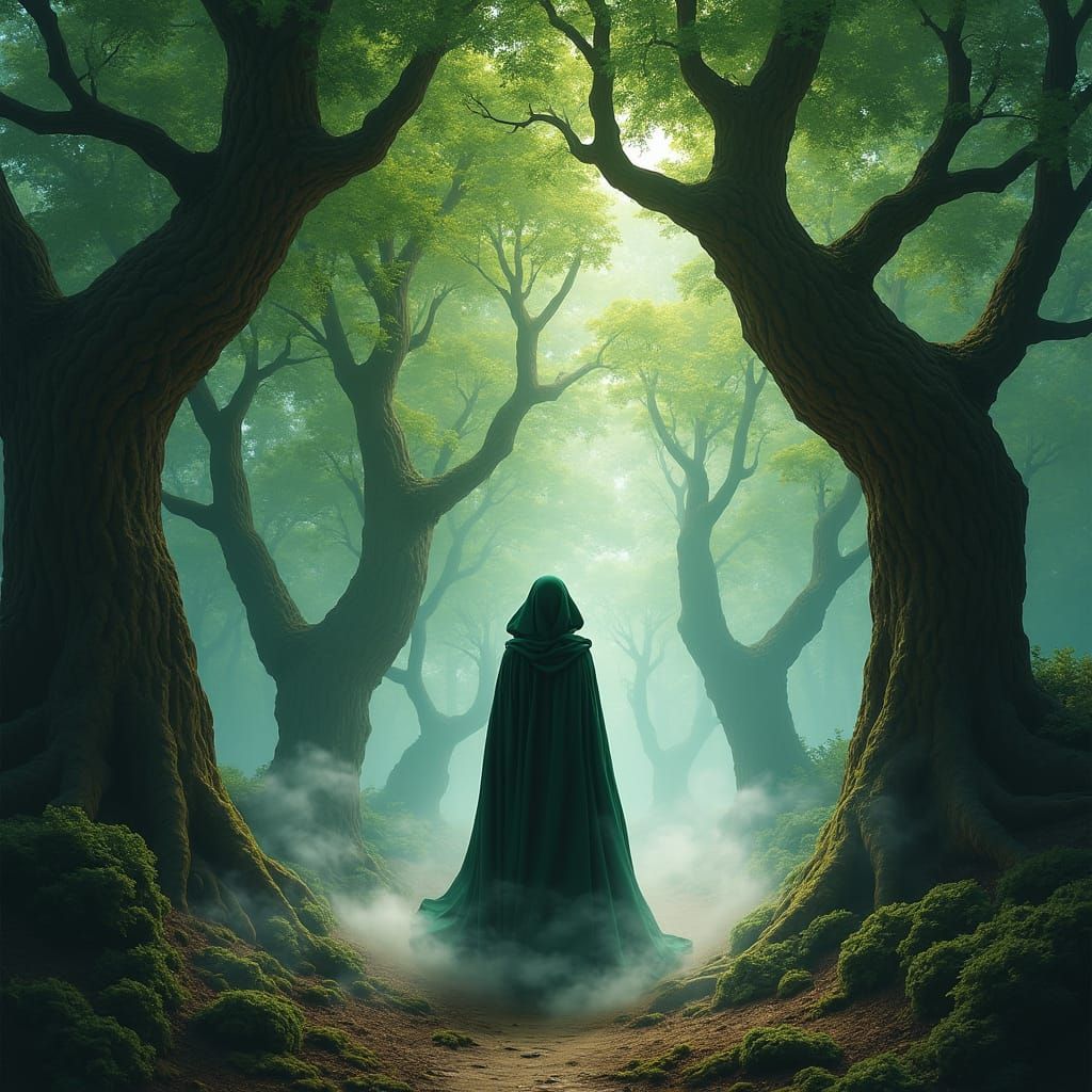 Mystical Woman in Shadowed Grove: Ethereal Emerald Forest