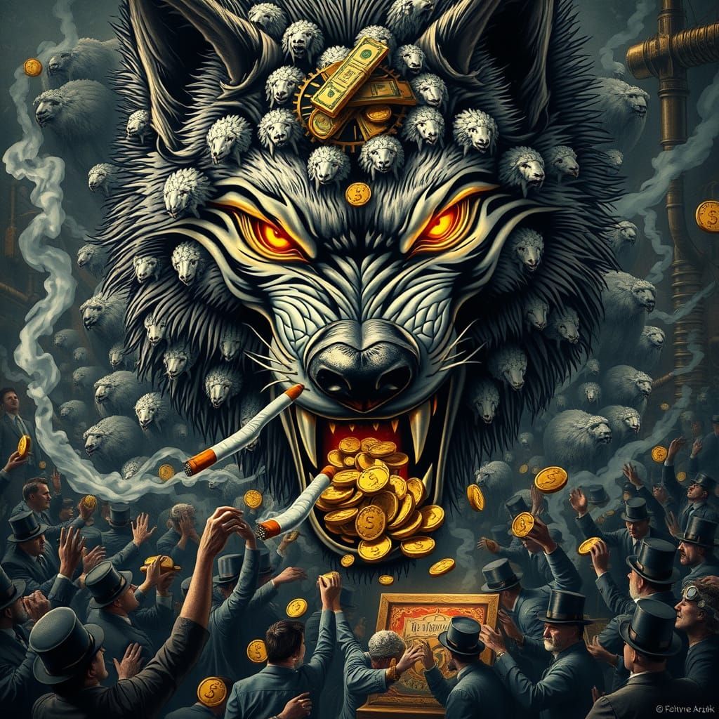 Menacing Wolf in Steampunk Attire, Covered in Realistic Shee...