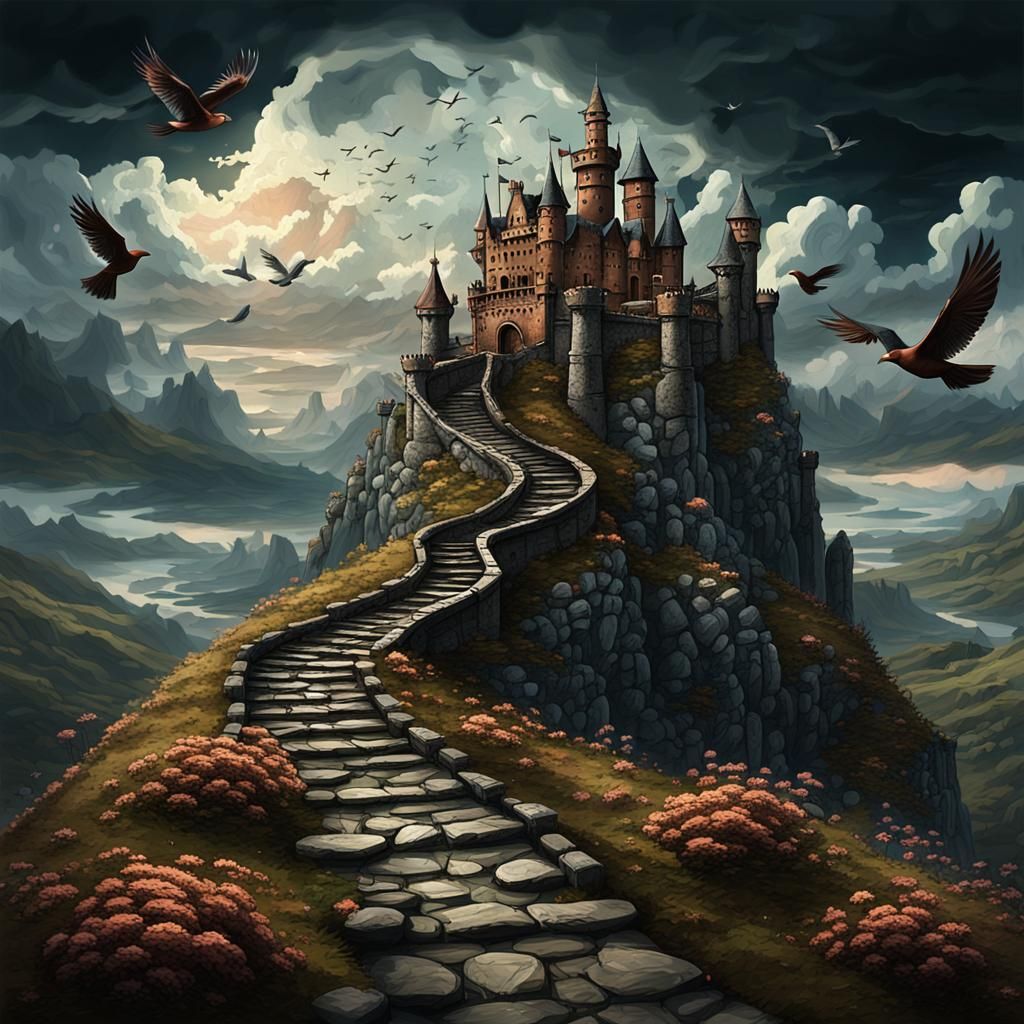 Steampunk Fantasy World with Majestic Castle and Winding Pat...