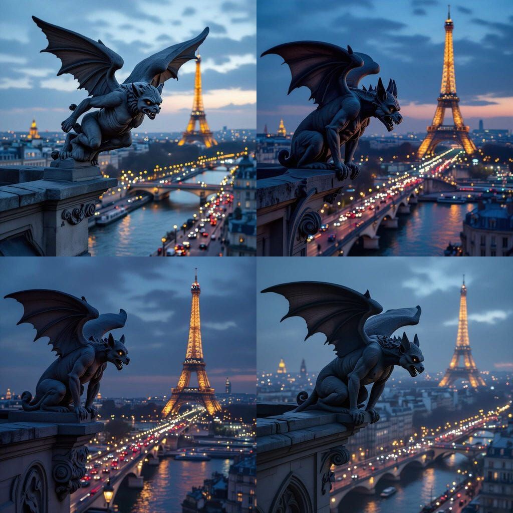 Parisian Gargoyle Soaring Over Night Skyline