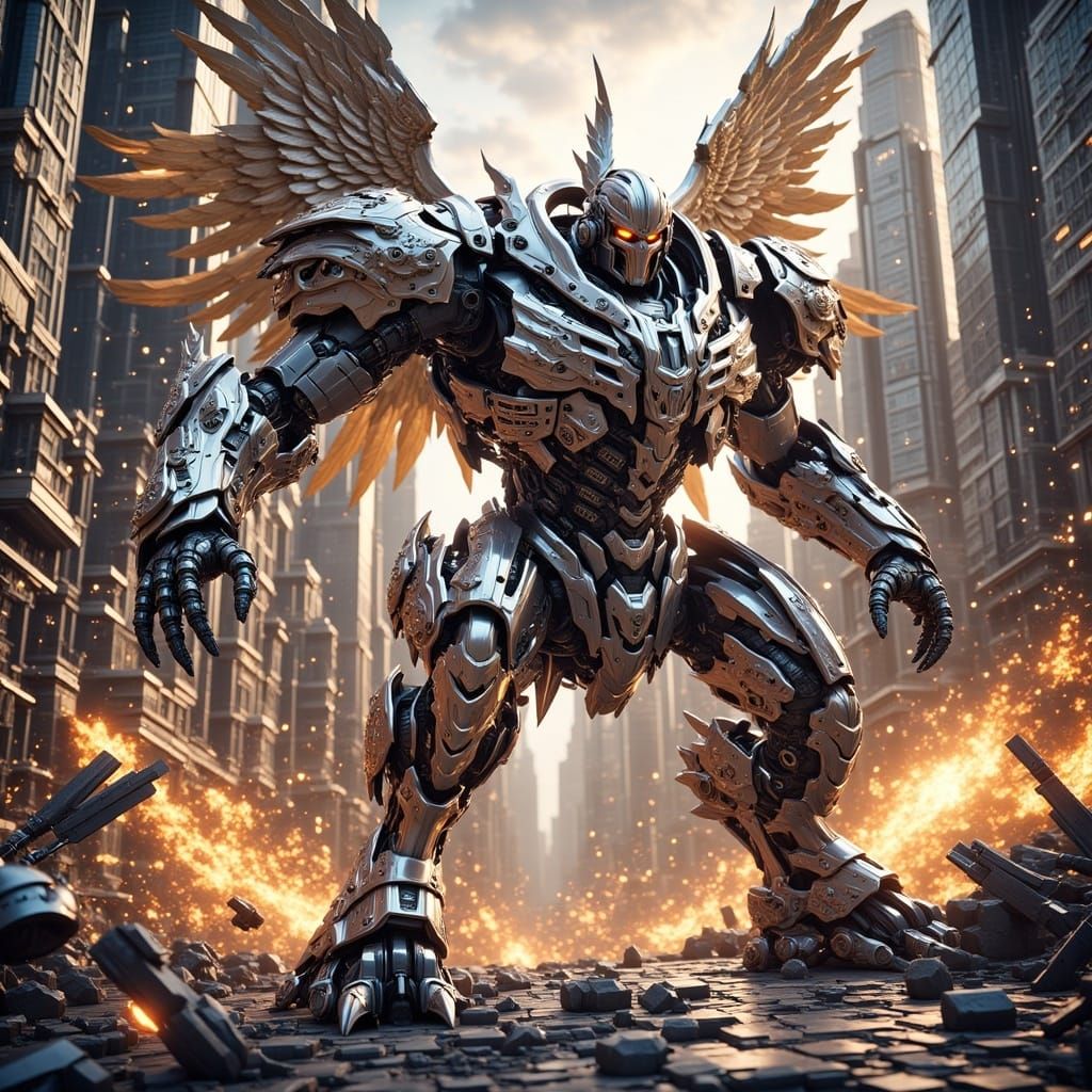 Cyberpunk Metal Mecha in Dystopian Cityscape