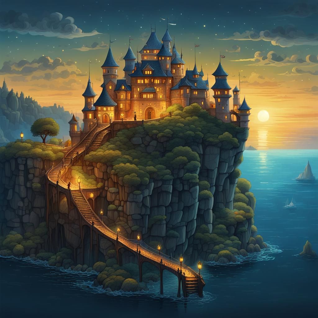 Cozy Fantasy Castle at Sunset by the Sea
