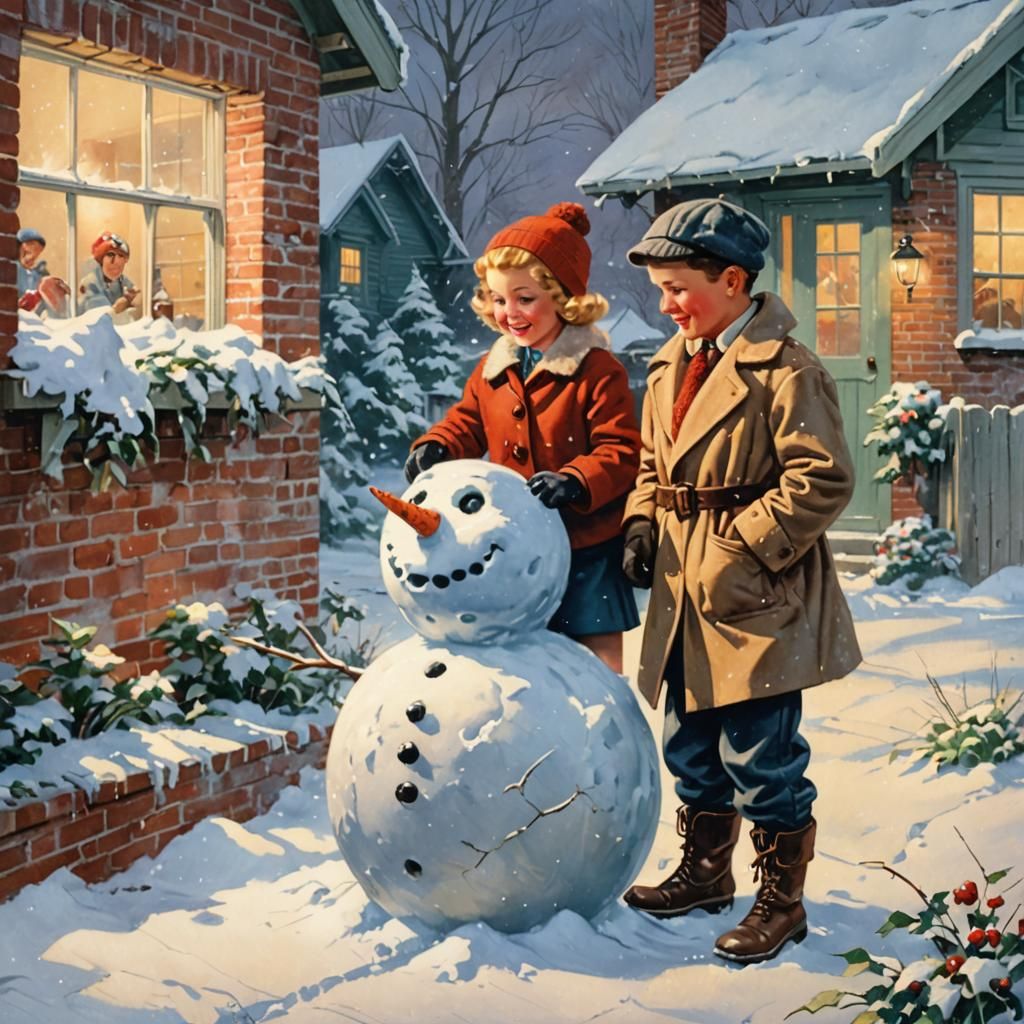 Vintage Christmas Card: Children Building Snowman