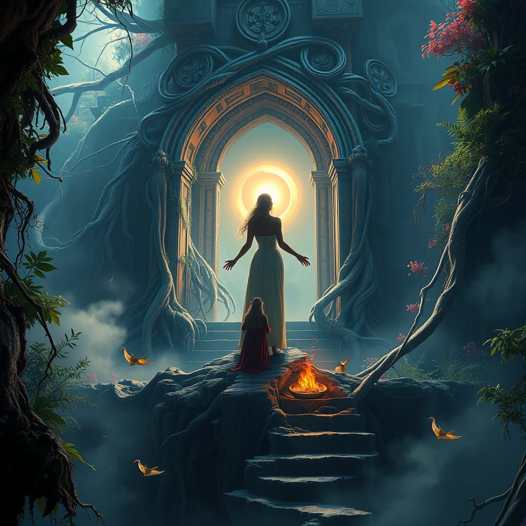 Sorceress in Lush, Ancient Temple