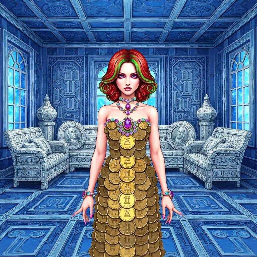 Girl in Coin Dress in Sapphire Room - Steampunk Fantasy Art