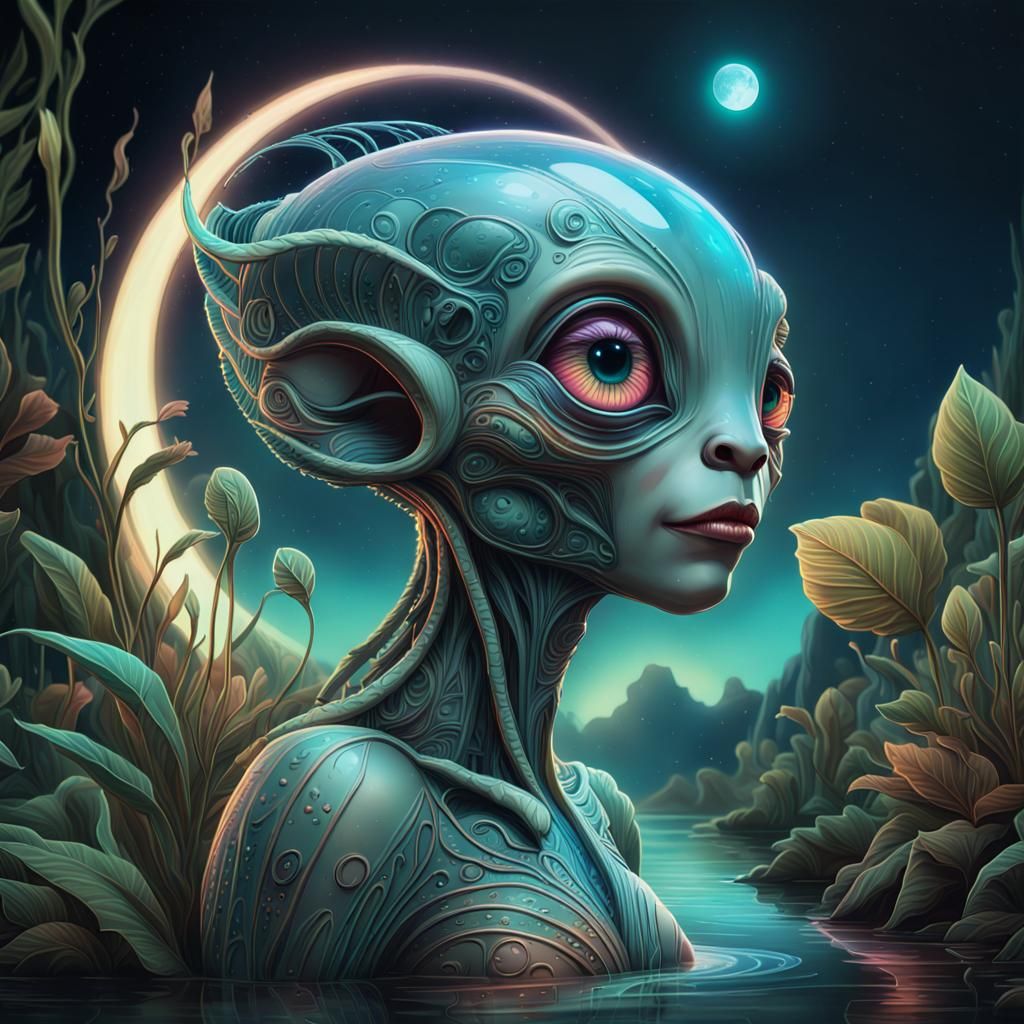 Art Deco Alien in Bioluminescent River Scene