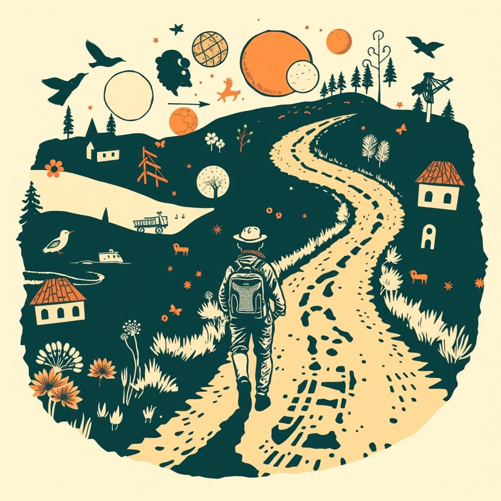 Winding Road: Woodcut Traveler's Journey with Memories