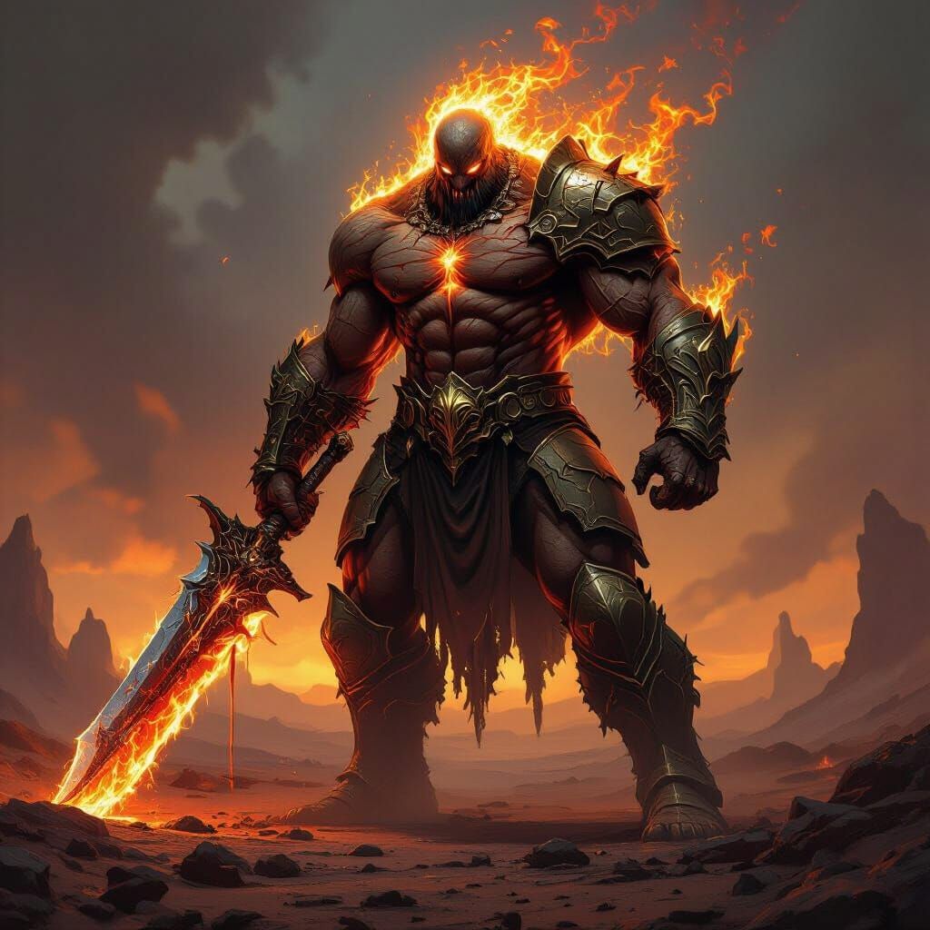 Fiery Monster Warrior in Tough Armor with Bloodied Sword
