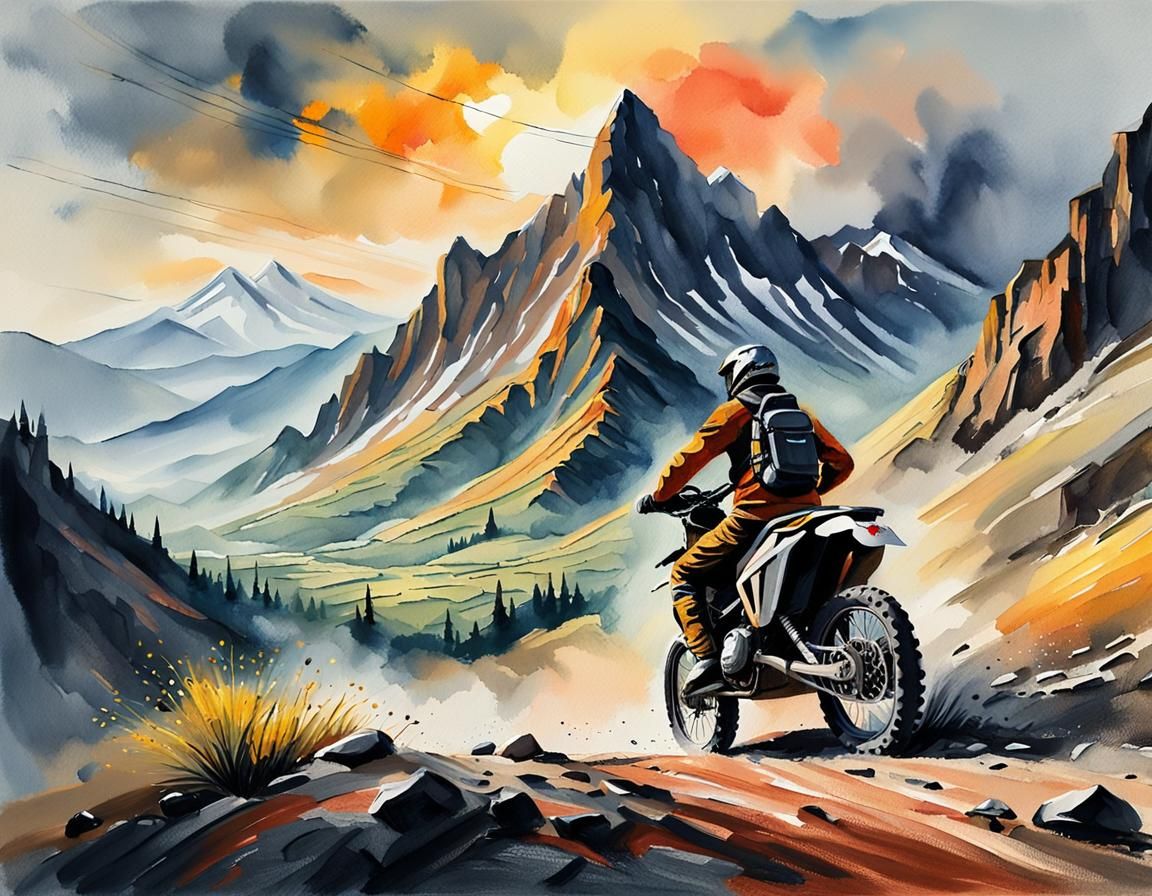 Enduro Motorbike Gouache Watercolor Mountain Landscape