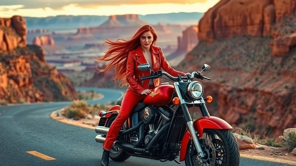 Woman on Motorcycle in Red Canyon, Photorealistic Style