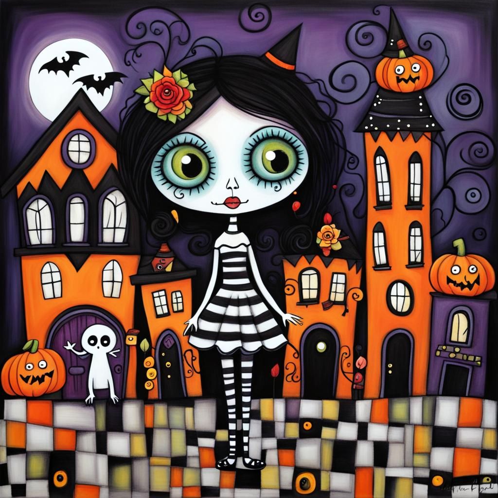 Halloween Street Scene in Mixed Artistic Styles