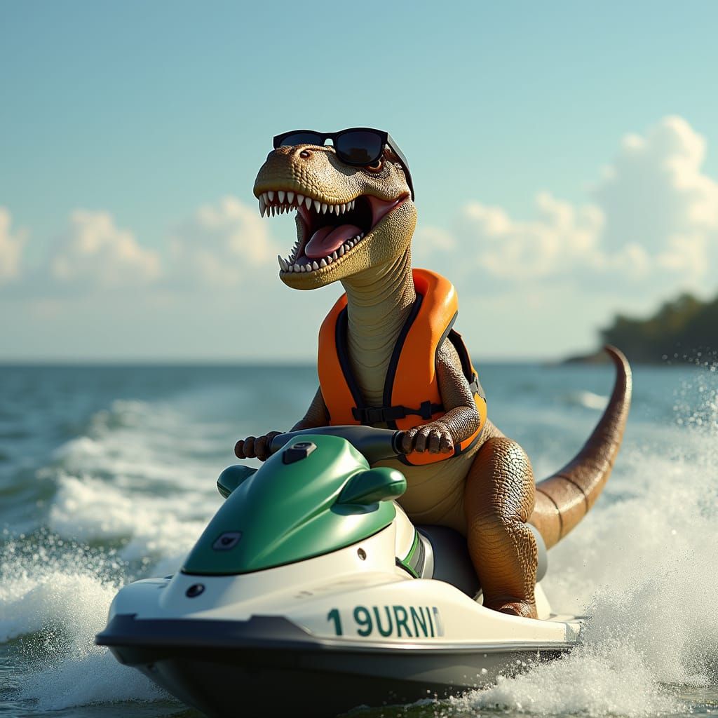 Happy Dinosaur on Jet Ski in Hyperrealistic Style