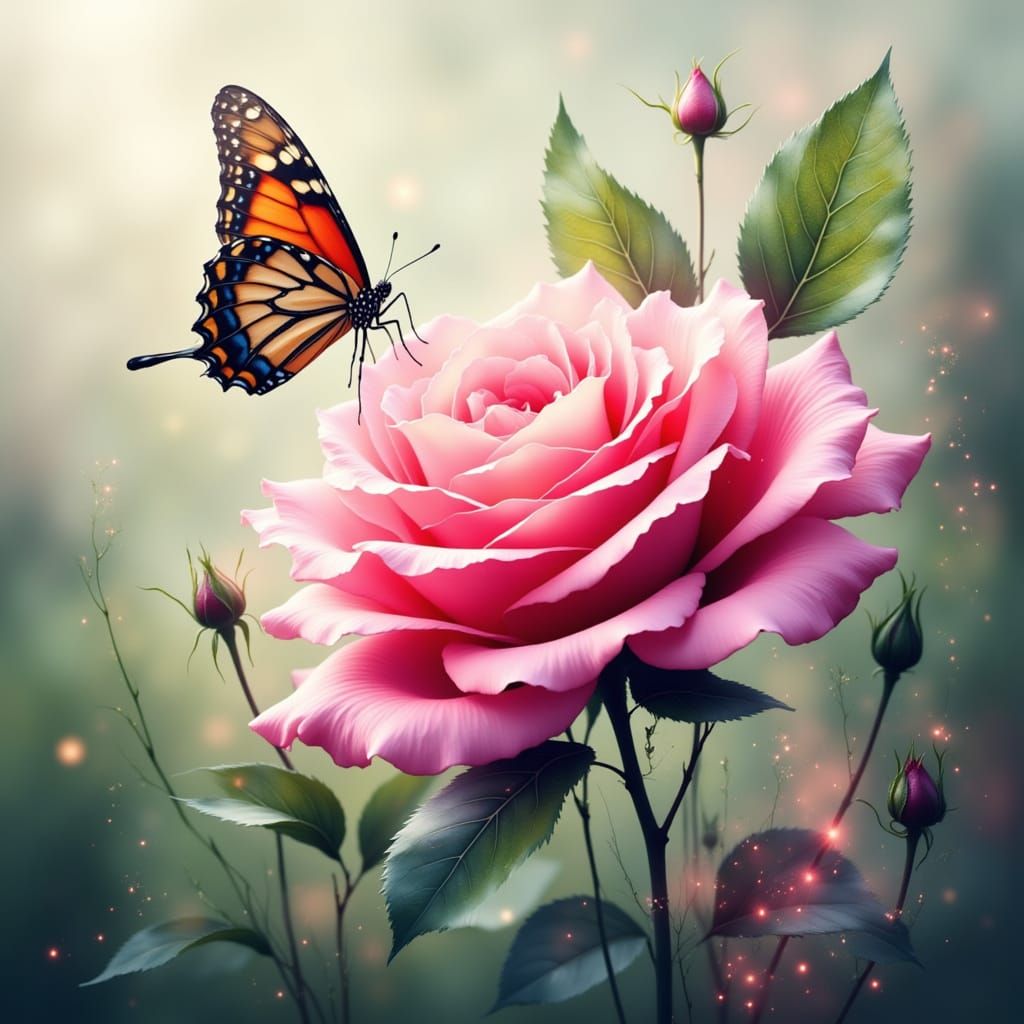 Whimsical Double Exposure with Butterfly and Rose
