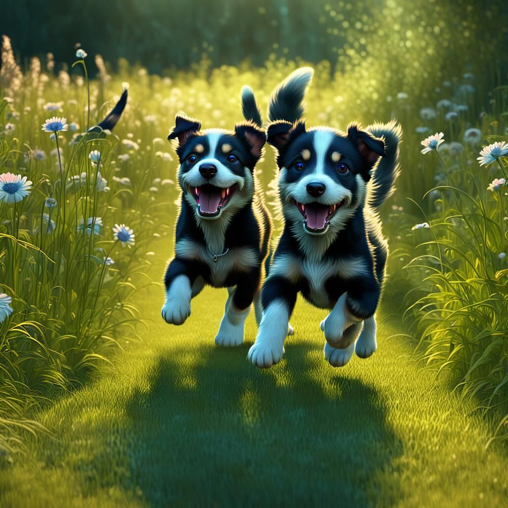 Playful Puppies in Sun-Dappled Meadow: Fantasy Art