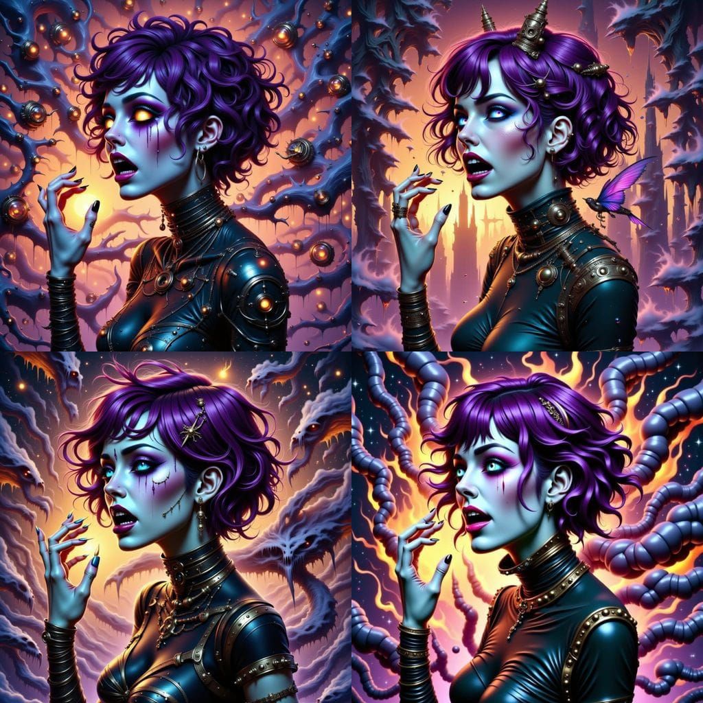 Steampunk Witch Screaming at Starry Sky