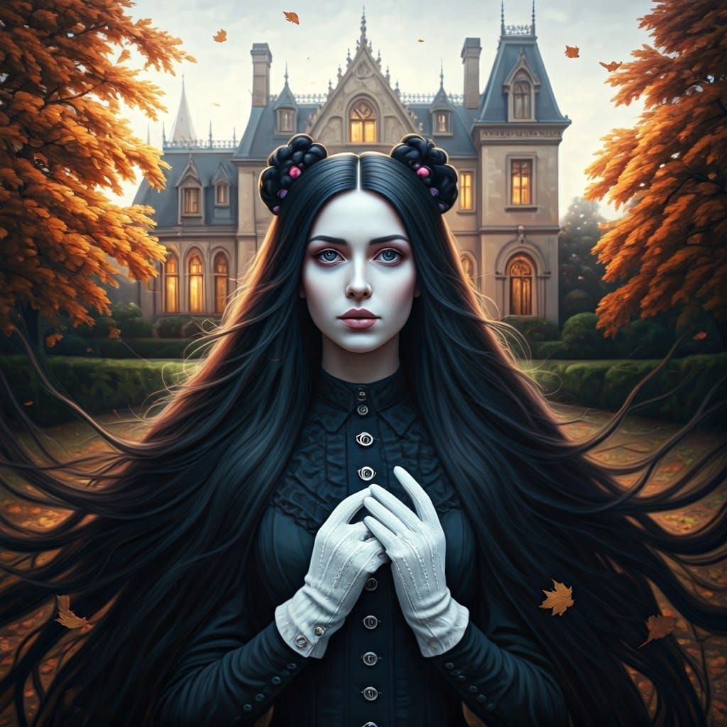 Gothic Woman in Autumn Landscape, Oil Painting Style