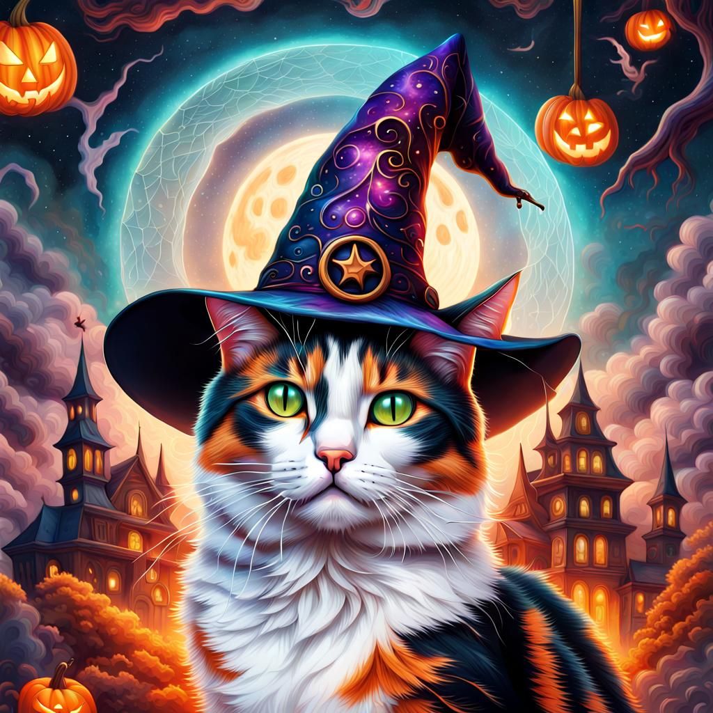 Calico Cat in Witch Hat: Halloween Digital Art