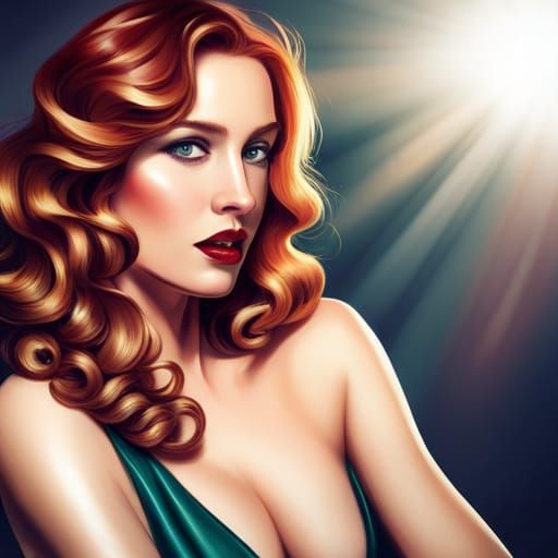 pretty young woman in Metalico blue dress, deep v neck, slit up the side, red hair, green eyes, inviting smile