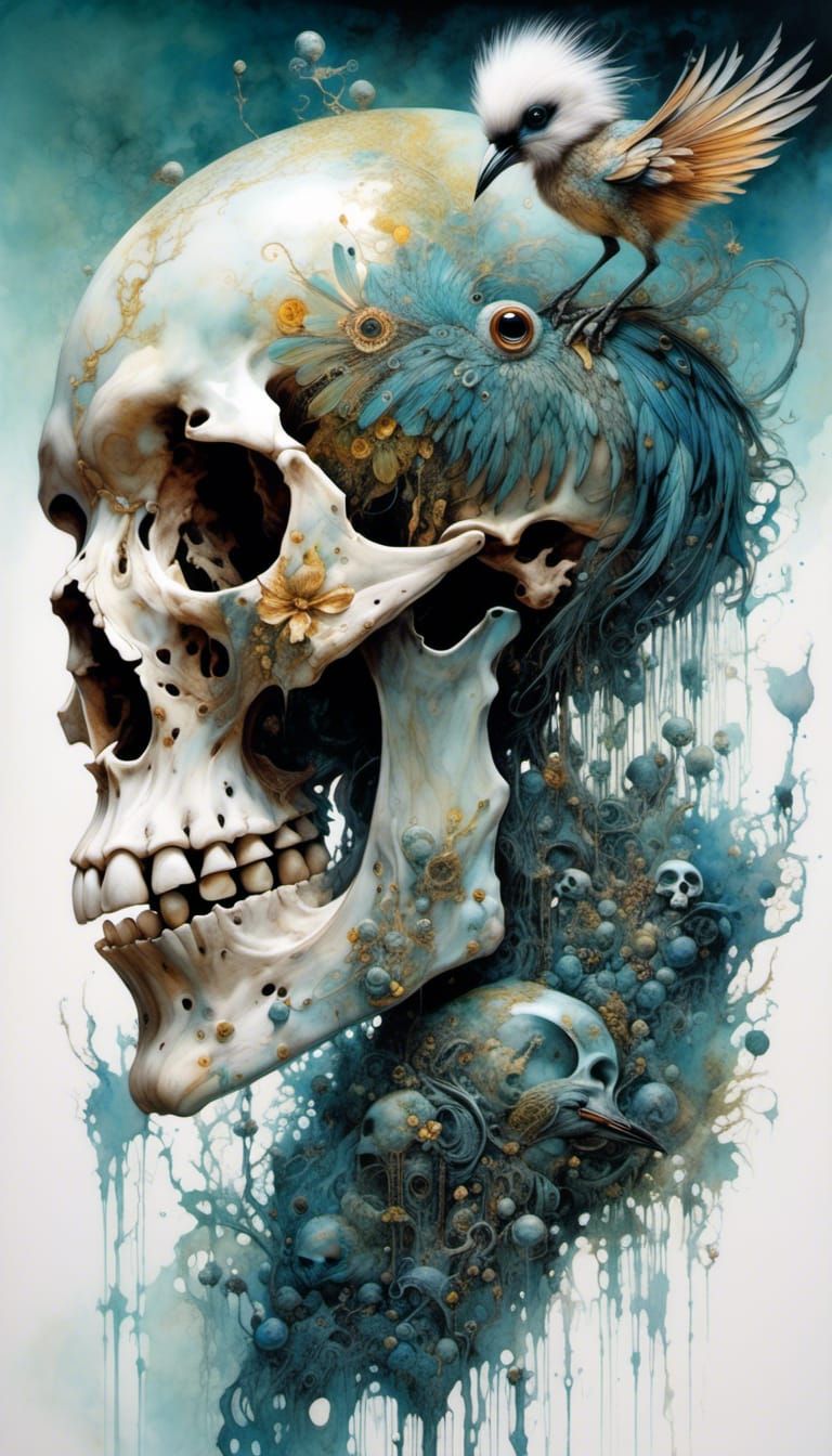 Alien Bird in Moonscape with Damascus Skulls