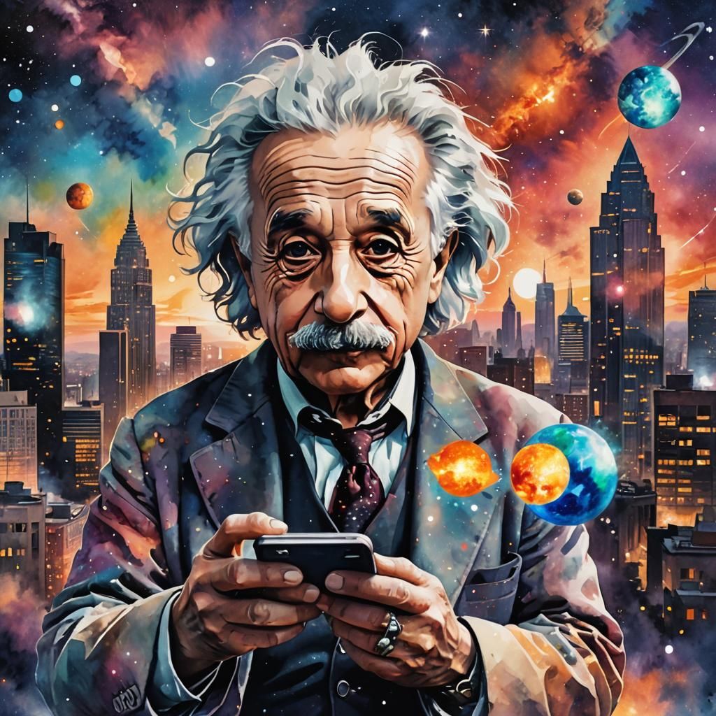 Einstein with iPhone: Watercolor Splash Art Portrait