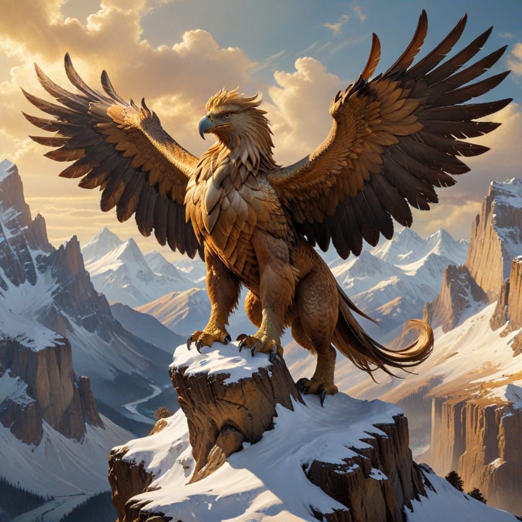 Majestic Griffin Amidst Snow-Capped Mountains in Art Nouveau...