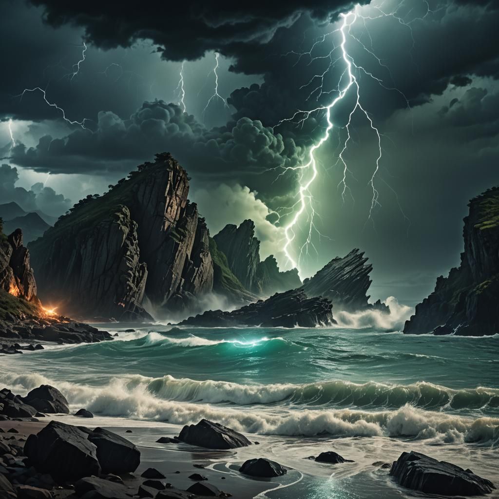 Dramatic Storm on Rocky Shore at Night