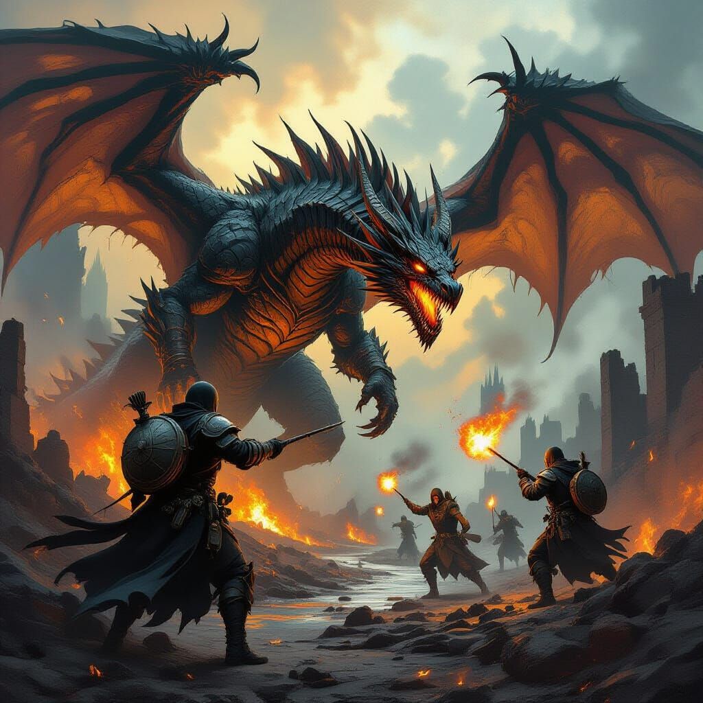 Ashwardens Hunt Dragon in Dark Fantasy Concept Art Style