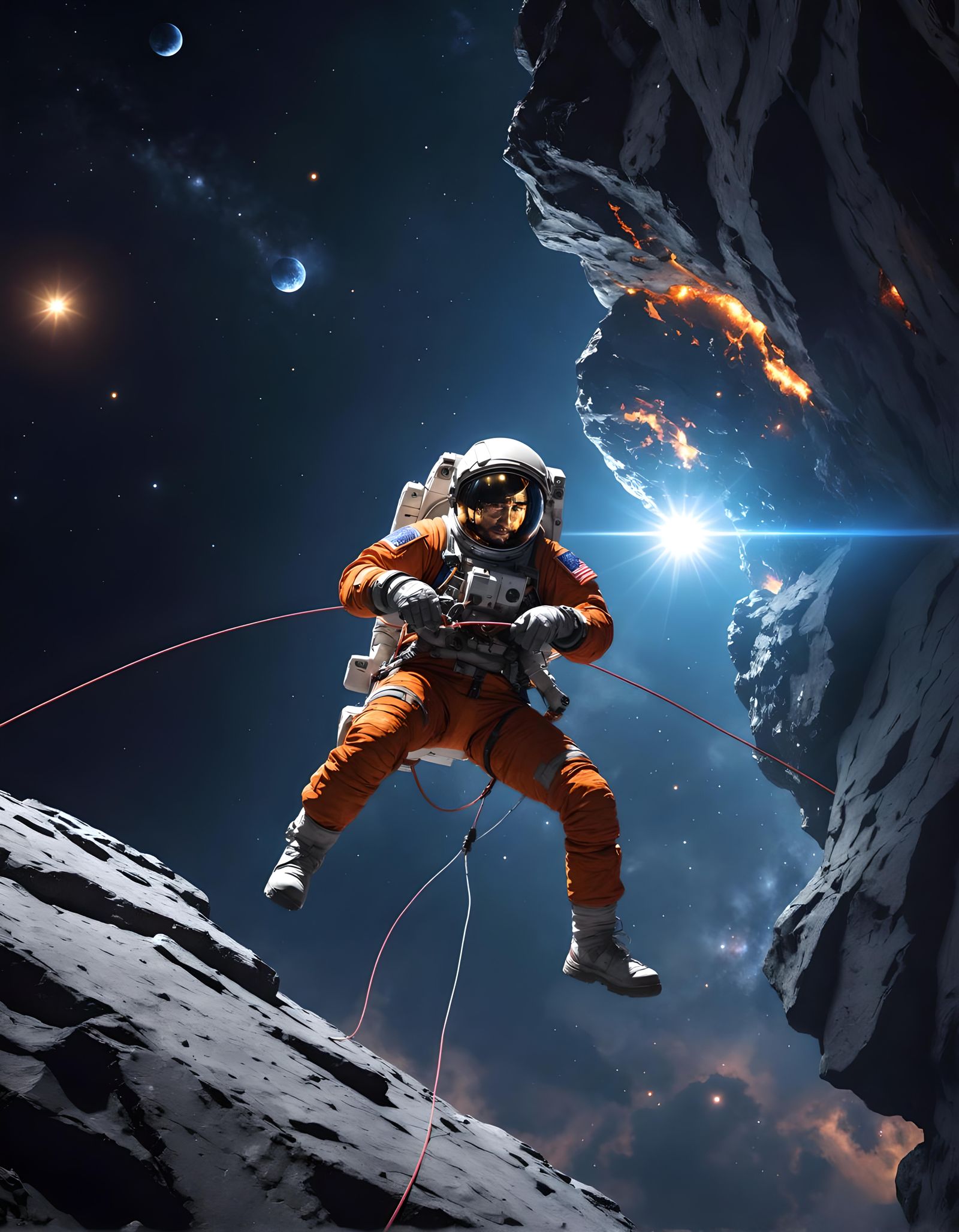 Astronaut Rappelling on Asteroid near Neutron Star
