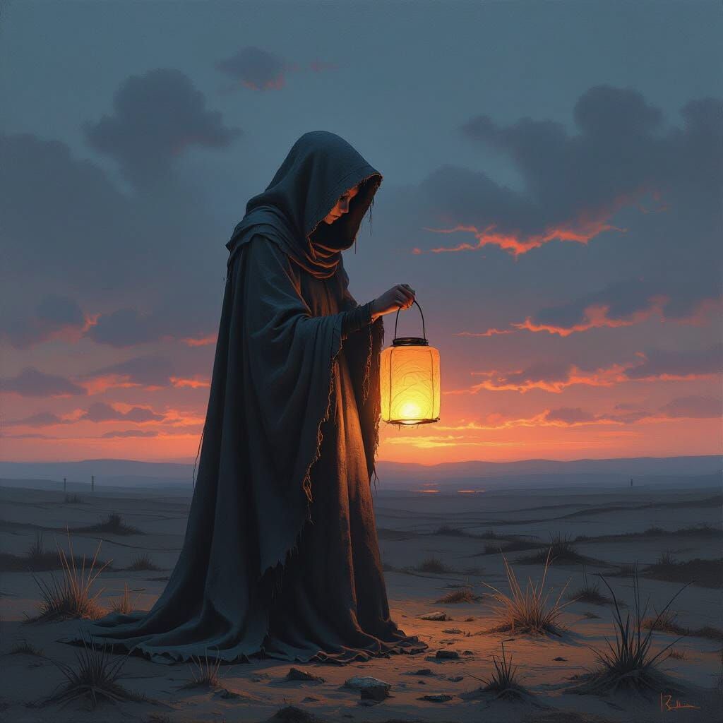 Masked Woman on Desolate Twilight Landscape