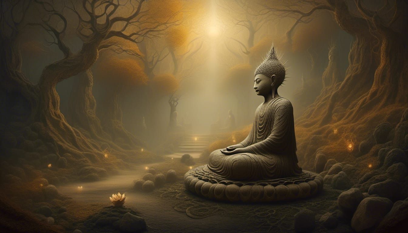 Buddha in Misty Forest: Surrealist Art