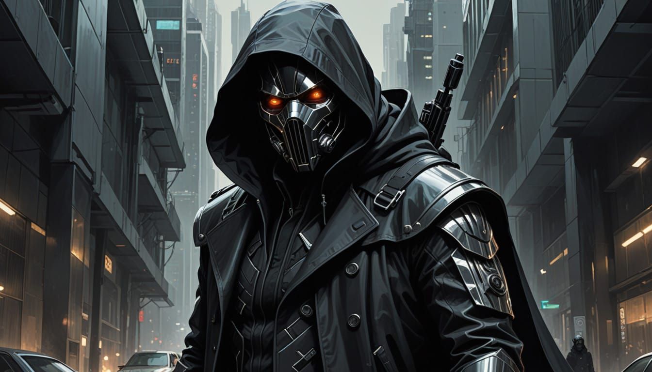 Cyberpunk Figure in Dark Coat Points Gun Ahead