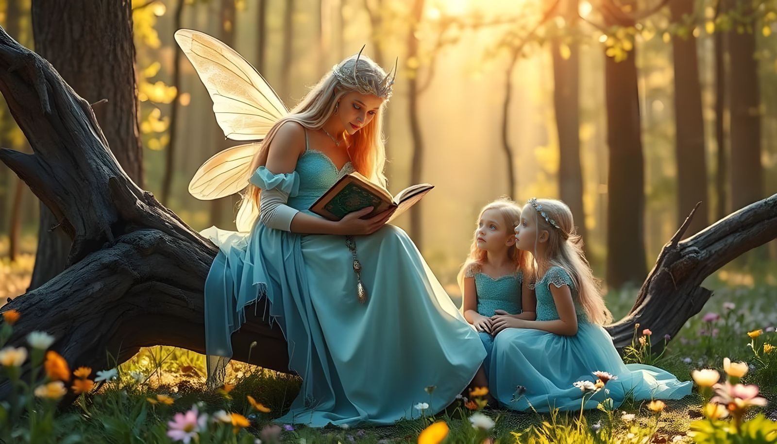 Fairy Queen Reads to Her Daughters in a Forest Glade