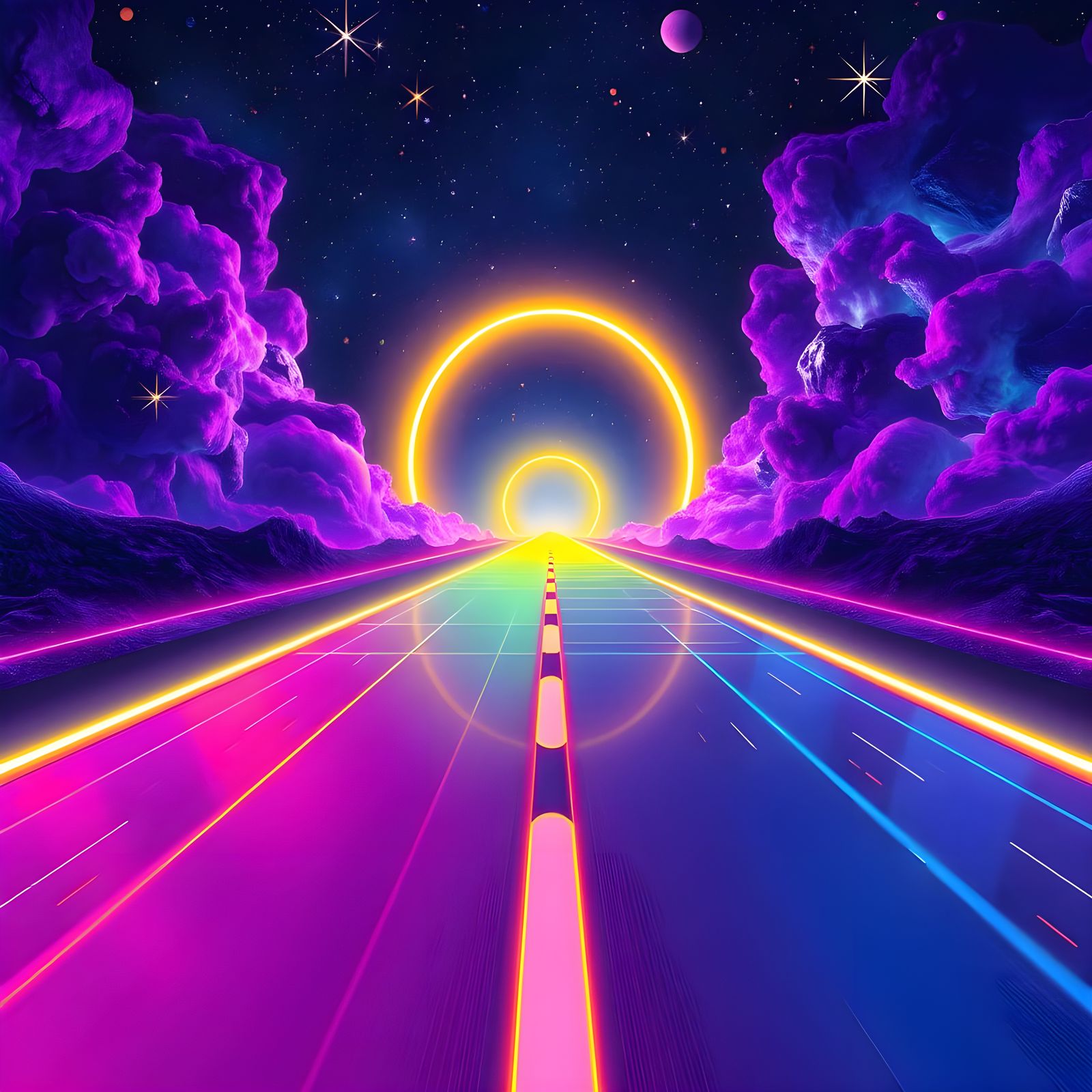 Neon Rainbow Road Through Space Portal