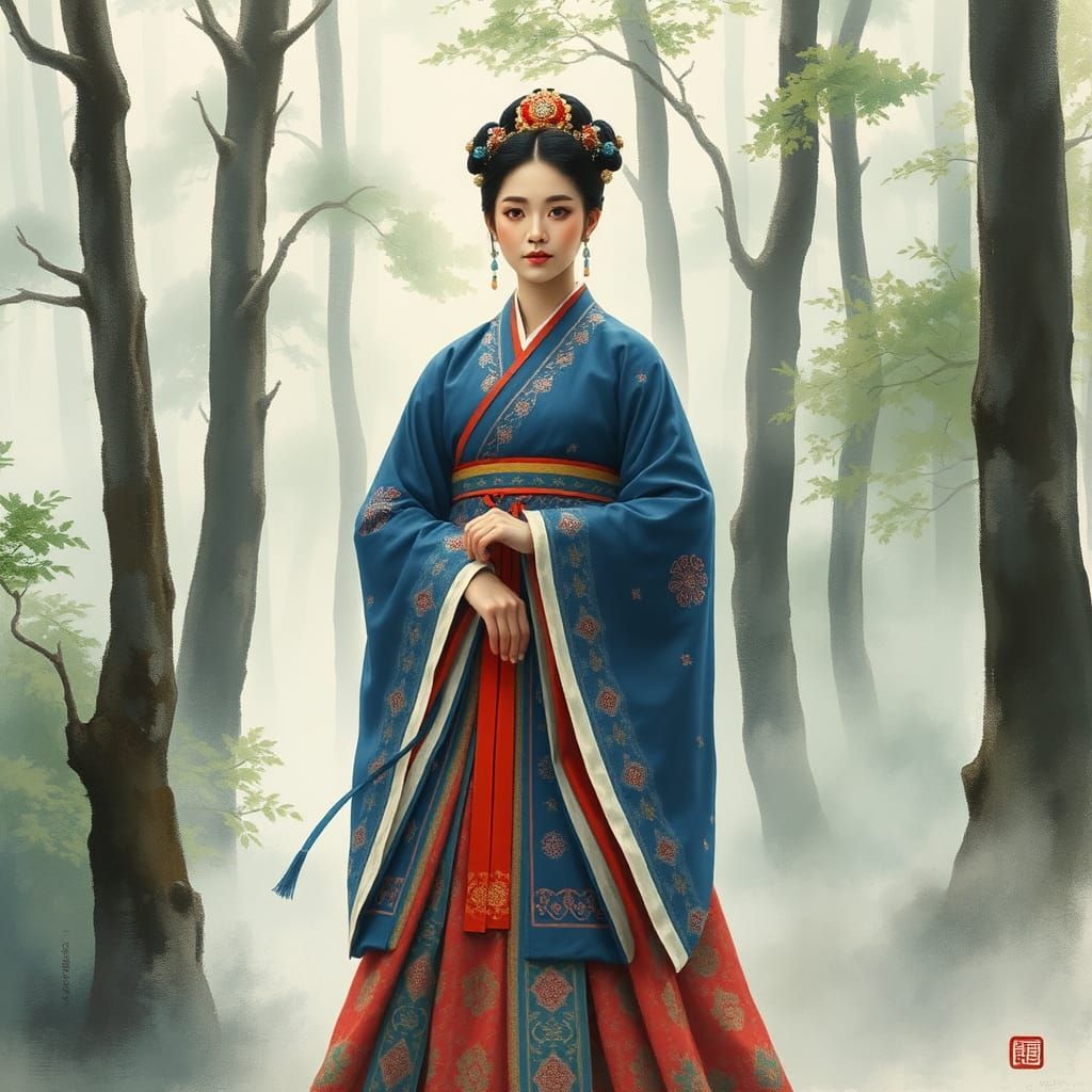 Korean Woman in Hanbok Amidst Misty Forest