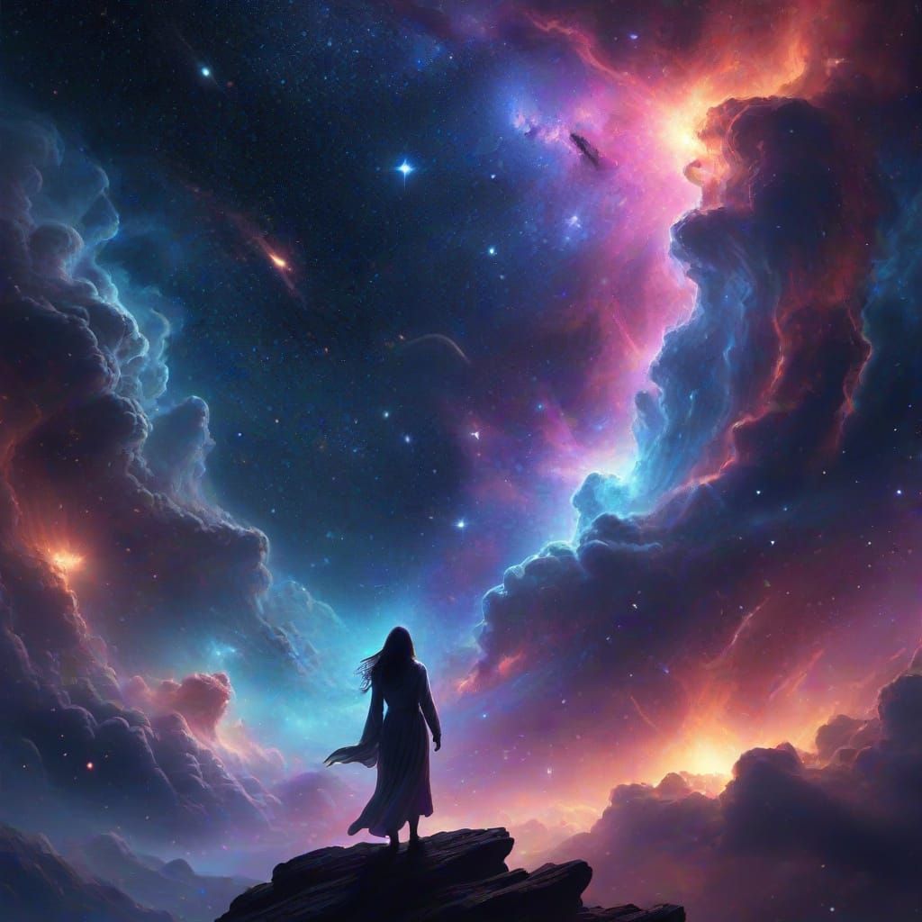 Cosmic Illustration of Space Sorceress Among Nebulas