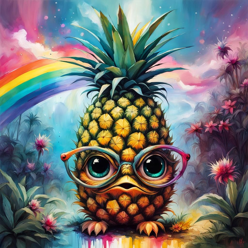 Adorable Chibi Pineapple Character with Rainbow Sky