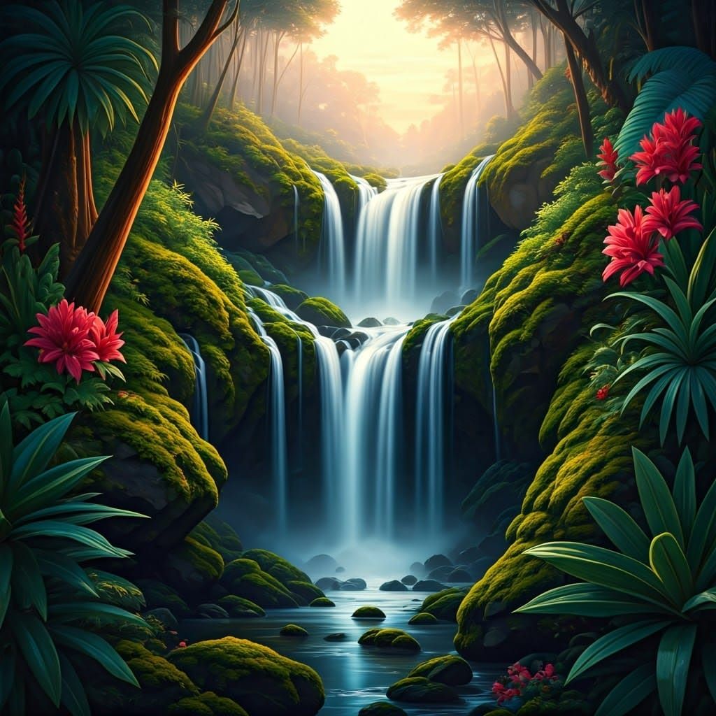 Romantic Landscape of a Serene Waterfall at Sunset