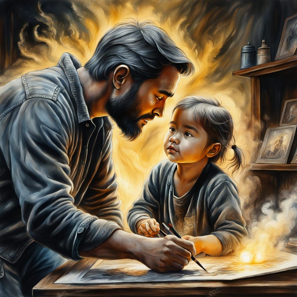 Father and Daughter: Ethereal Fantasy Gouache Drawing