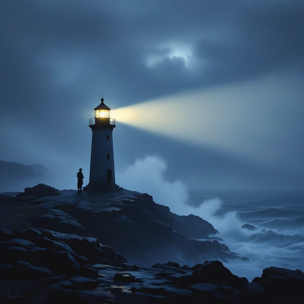 Stormy Lighthouse Keeper in Moody Twilight