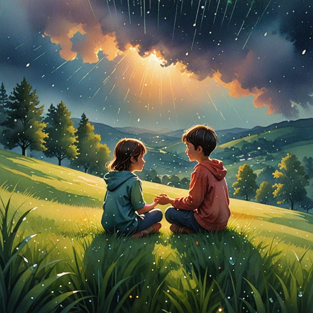 Whimsical Children Catching Sparkling Raindrops in Watercolo...