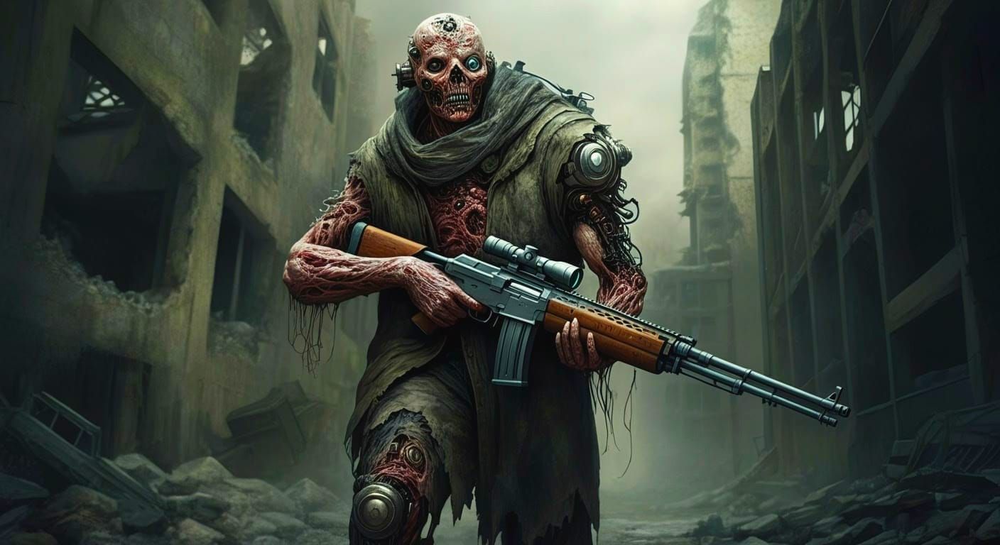 Cyborg in Desolate Ruins, Flesh Dripping Exposing Machined F...