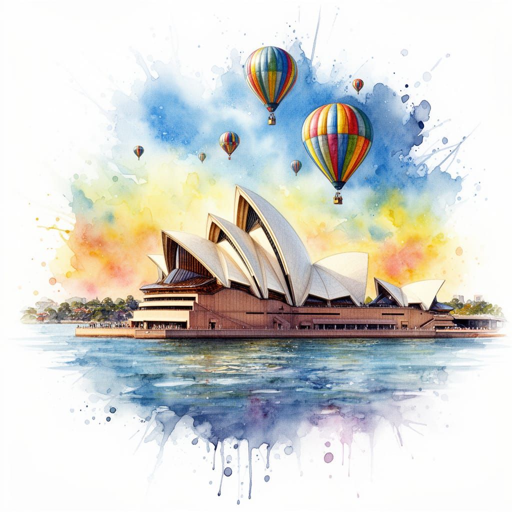 Sydney Opera House with Hot Air Balloons in Watercolor Style