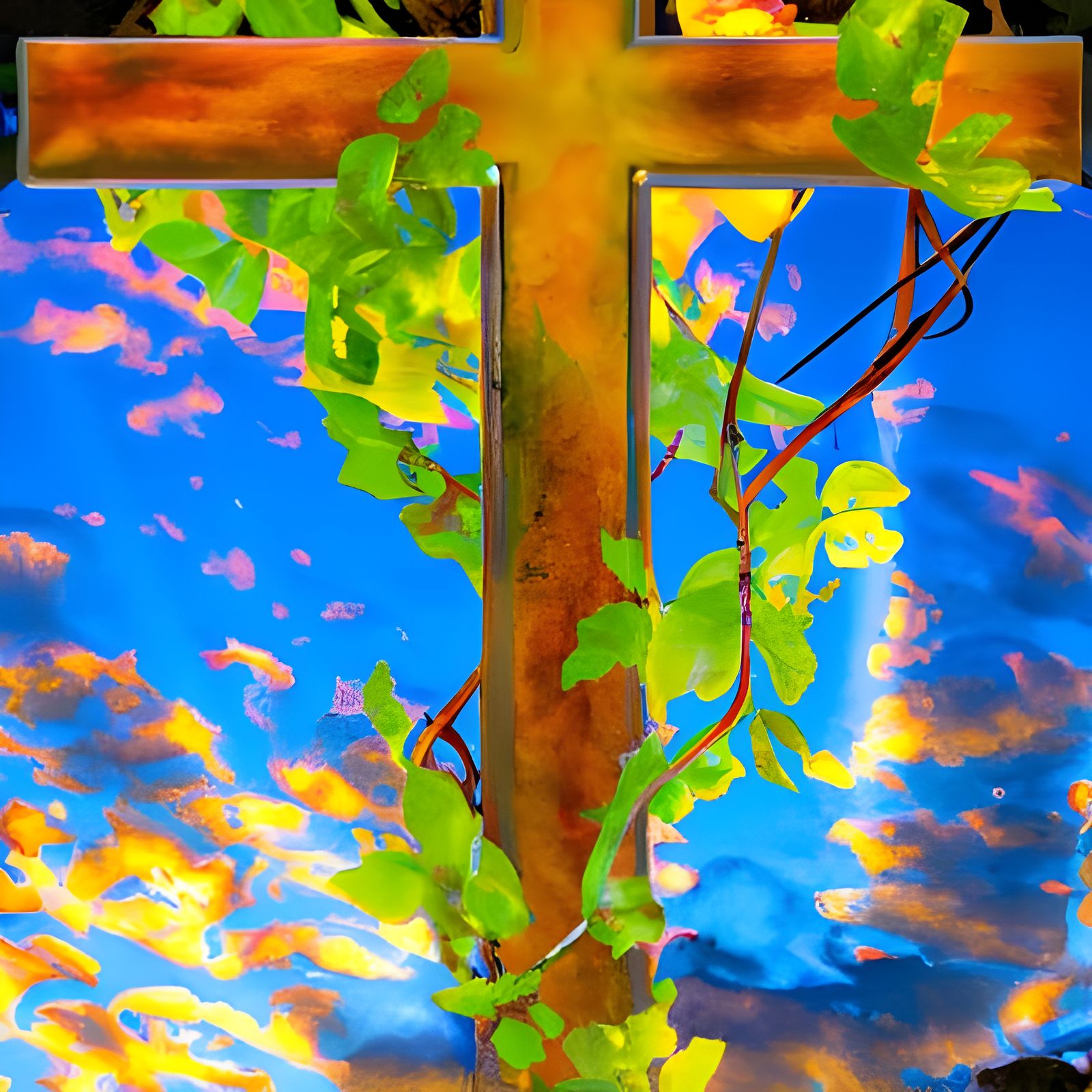 A thriving grape vine wrapped around a cross