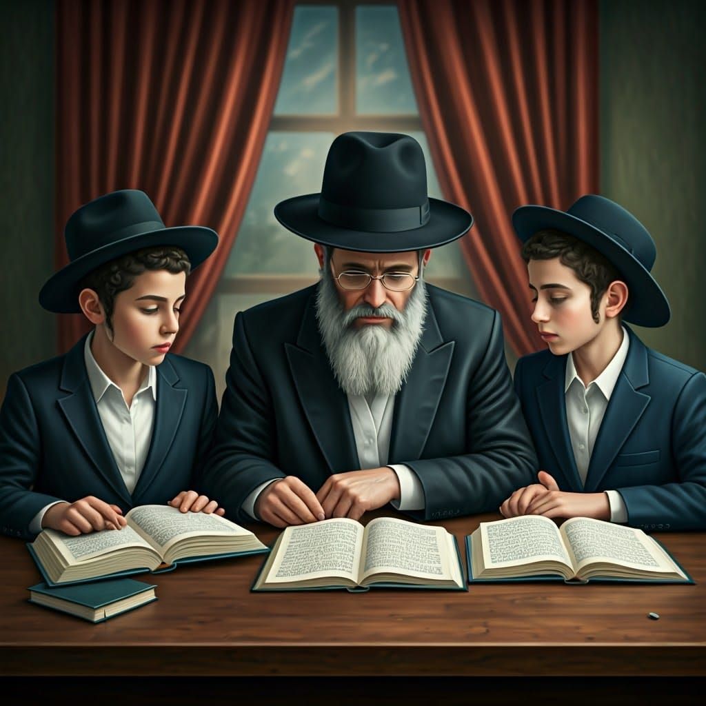 Hasidic Family in Traditional Attire Engaged in Learning