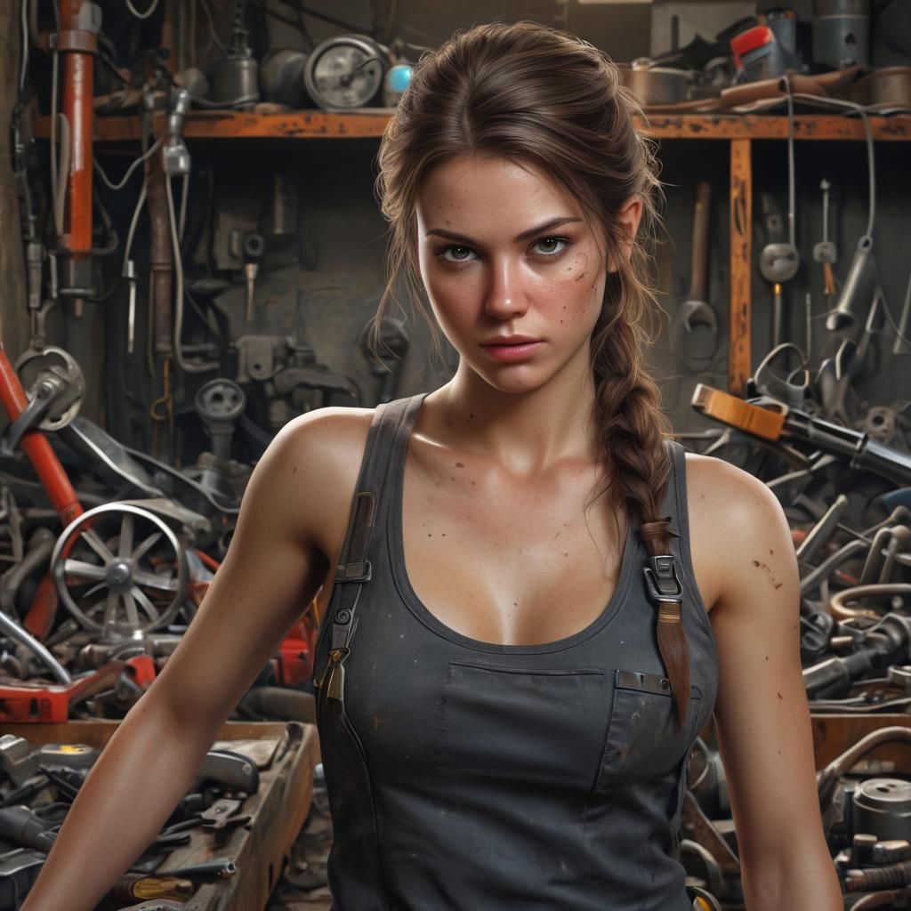 Surreal Realist Portrait of Post-Apocalyptic Mechanic in Hyp...