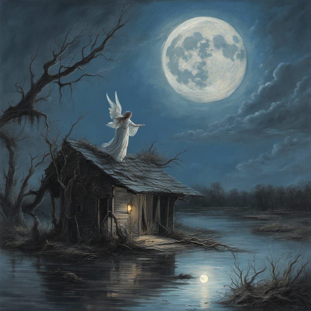 Angel Dancing in Swamp Moonlight: Horror Art