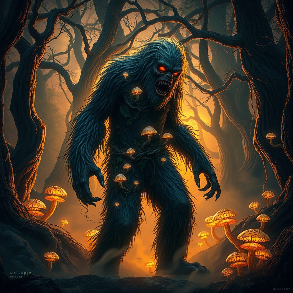 Ethereal Sasquatch Zombie Amidst Sunset Decay